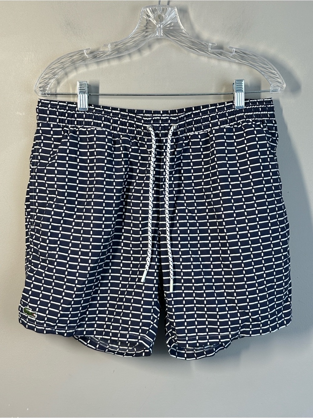 Lacoste Men’s Navy and White Patterned Swim Trunks Size L Beach Pool